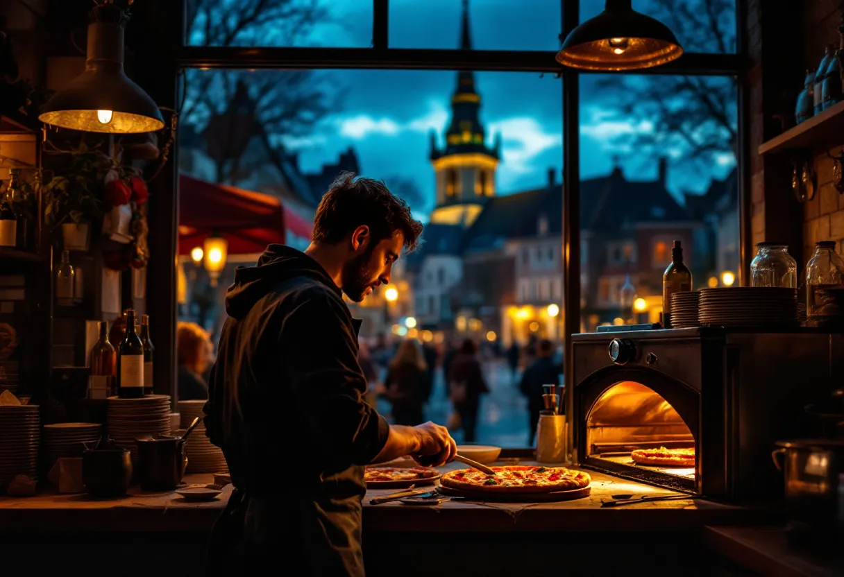 Een jonge man in een koksbuis staat achter een houtoven in een pizzeria op de Markt in Waregem, terwijl hij een pizza in de oven schuift. Door het raam zie je de verlichte Grote Kerk tegen een avondhemel.