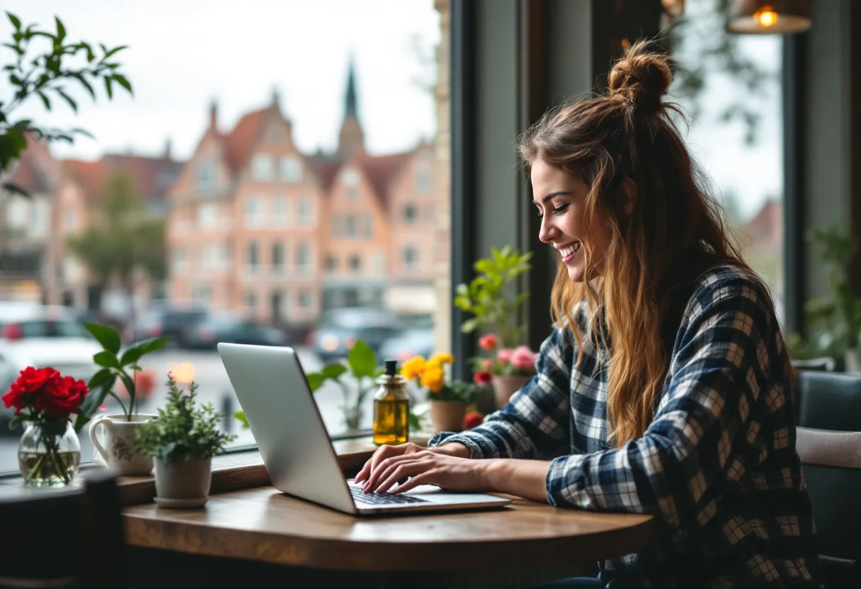 Jonge vrouw bekijkt lachend vacatures op haar laptop in een gezellige koffiebar in Waregem met zicht op het historische stadhuis.