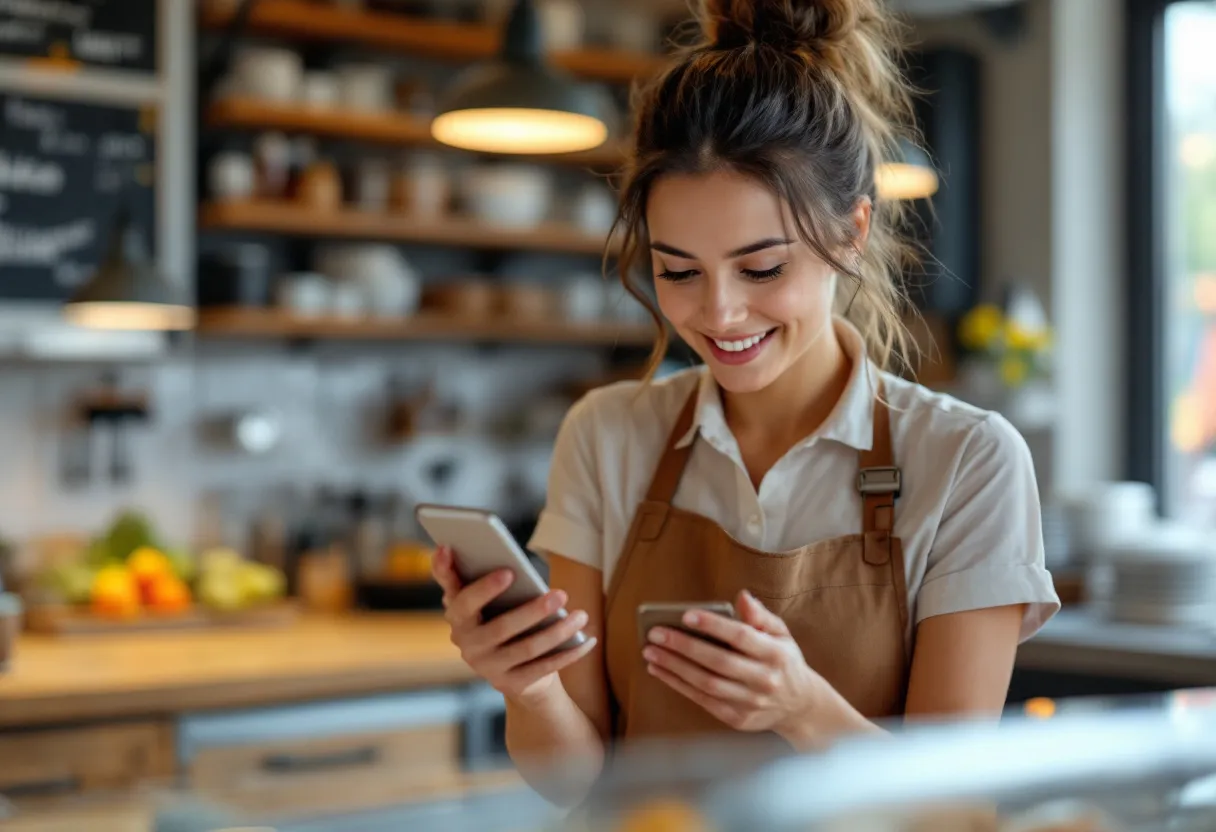 Een glimlachende jonge vrouw in het uniform van een bakkerij in Waregem bekijkt een loonstrookje naast een smartphone met de vacaturelijst van flexi-jobs.