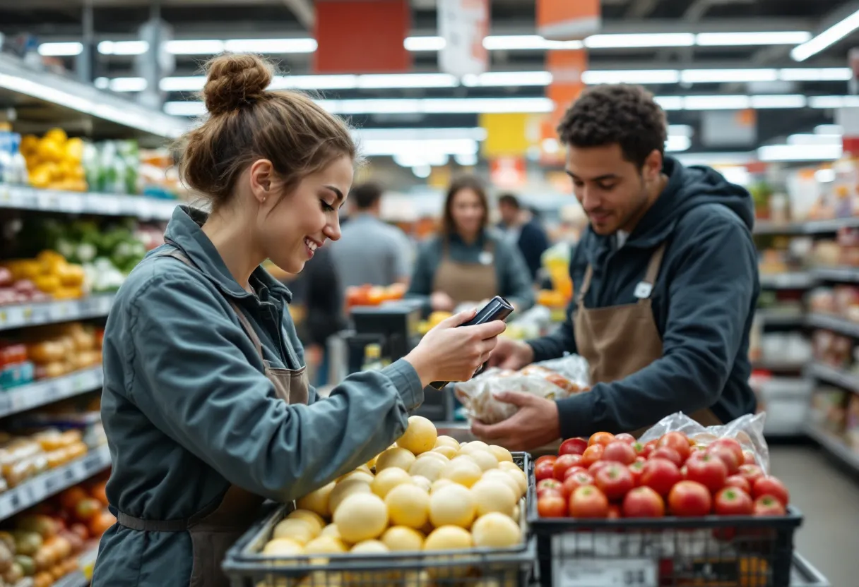 Een fotorealistische scène van een medewerker die in een supermarkt in Waregem producten in het schap zet, met een schort en een glimlach, terwijl een collega helpt met het scannen van artikelen aan de kassa.