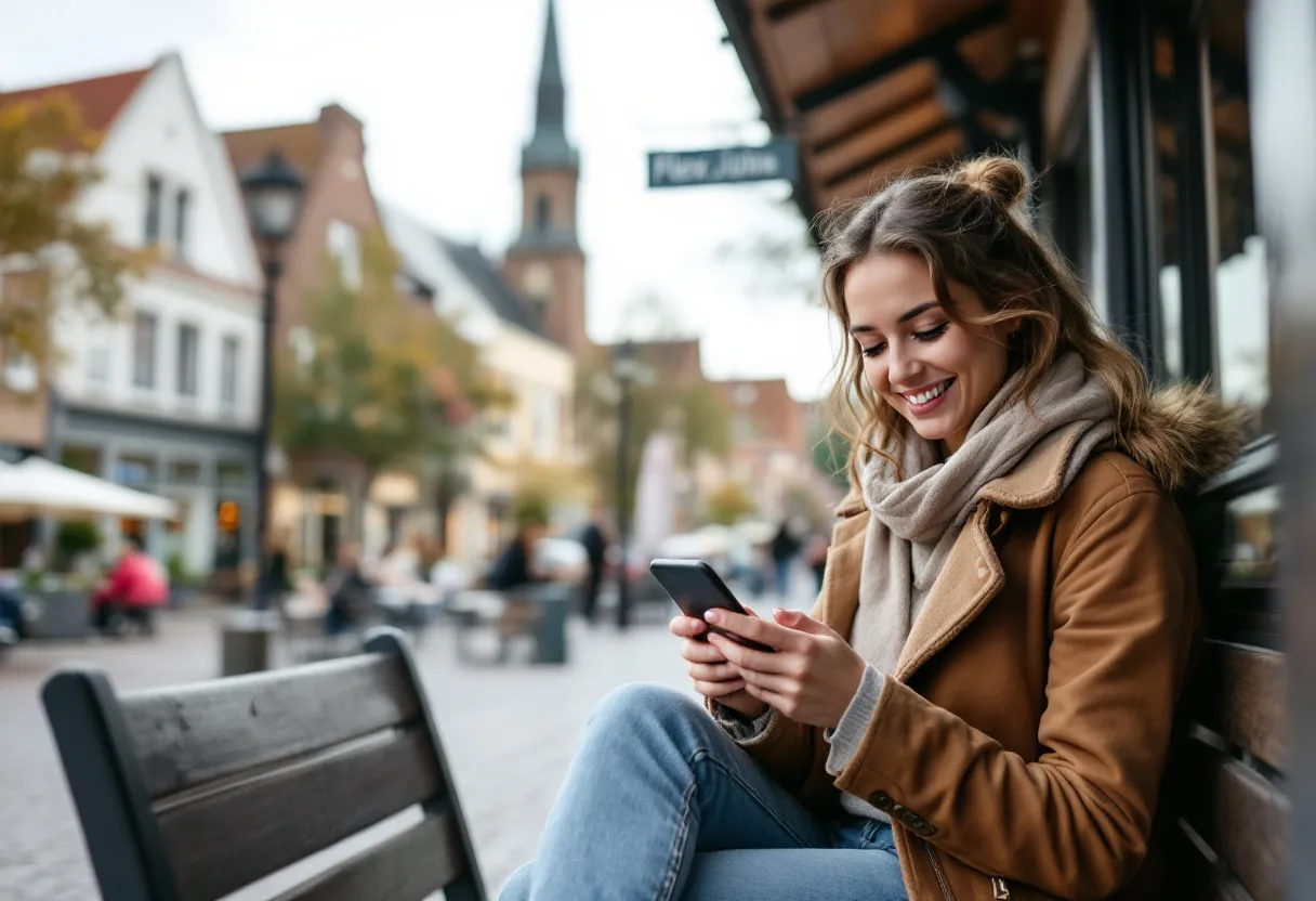 Een jonge vrouw zit op een bankje op de Markt in Waregem en kijkt tevreden naar haar telefoon met een overzicht van flexi-jobs, terwijl op de achtergrond de kerk en de terrasjes zichtbaar zijn.