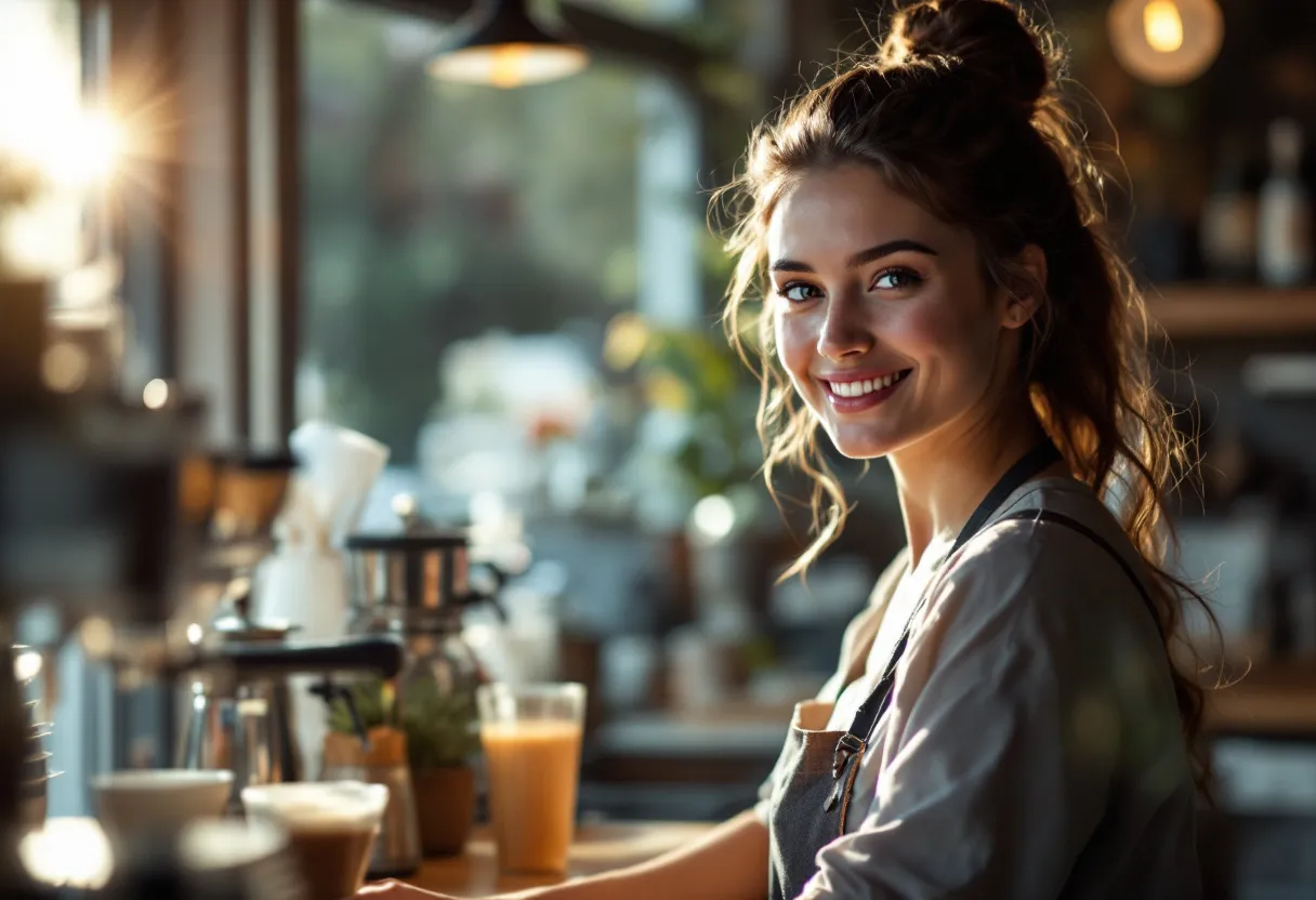 Een jonge student serveert koffie in een hip koffiebar in Waregem, met zonlicht dat door het raam valt en een glimlach op haar gezicht.