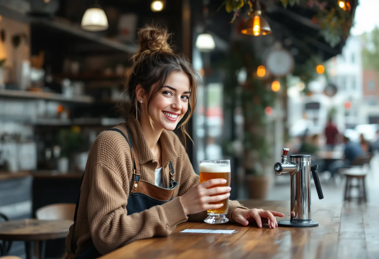 Een jonge barvrouw schenkt met een glimlach een pint in een gezellig café op de Markt in Waregem, terwijl ze haar flexi-job uitoefent.
