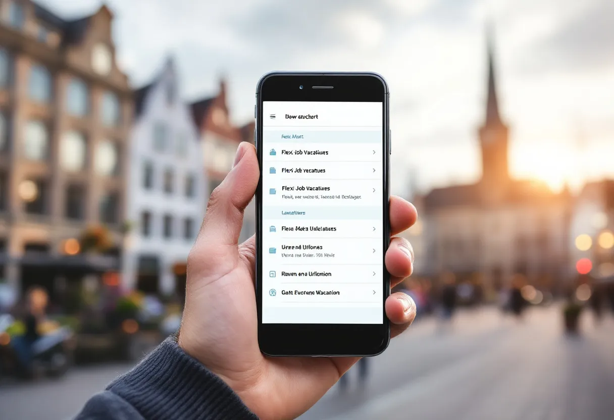 Een fotorealistische afbeelding van een hand die een smartphone vasthoudt met daarop een overzichtelijke lijst van flexi-job vacatures in Waregem, met uren en uurlonen weergegeven, terwijl op de achtergrond de Grote Markt van Waregem met het Belfort zichtbaar is.